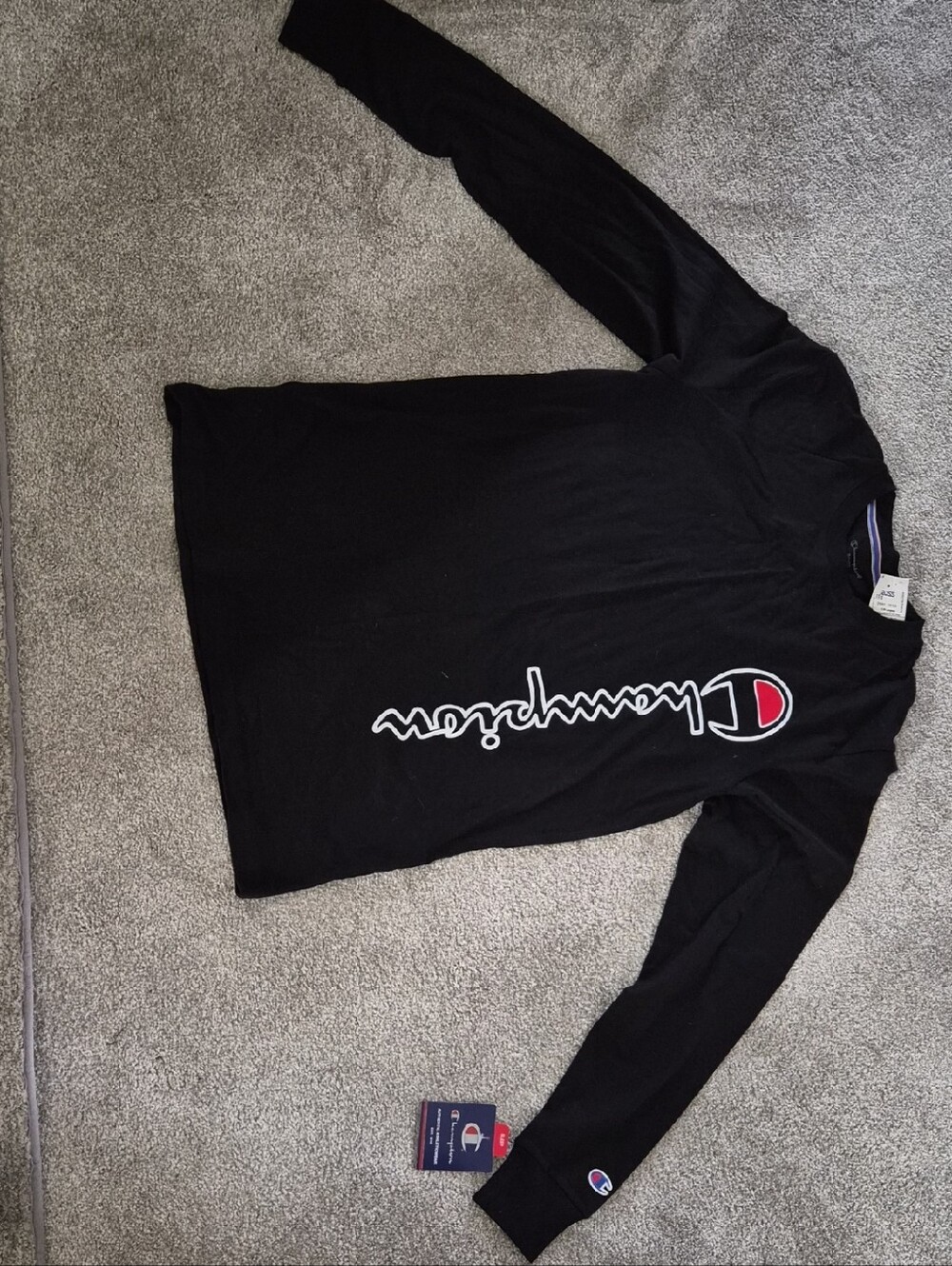 Champion Black Long Sleeve Tee with Vertical Script and Red Logo